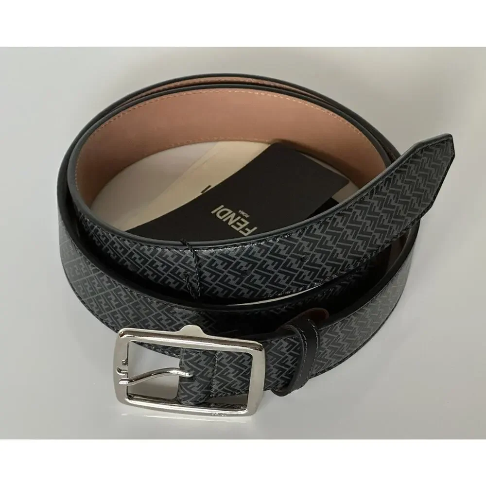 NWT $590 Fendi FF Logo Calf Leather Black/Grey Belt 110/44 Italy 7C0434